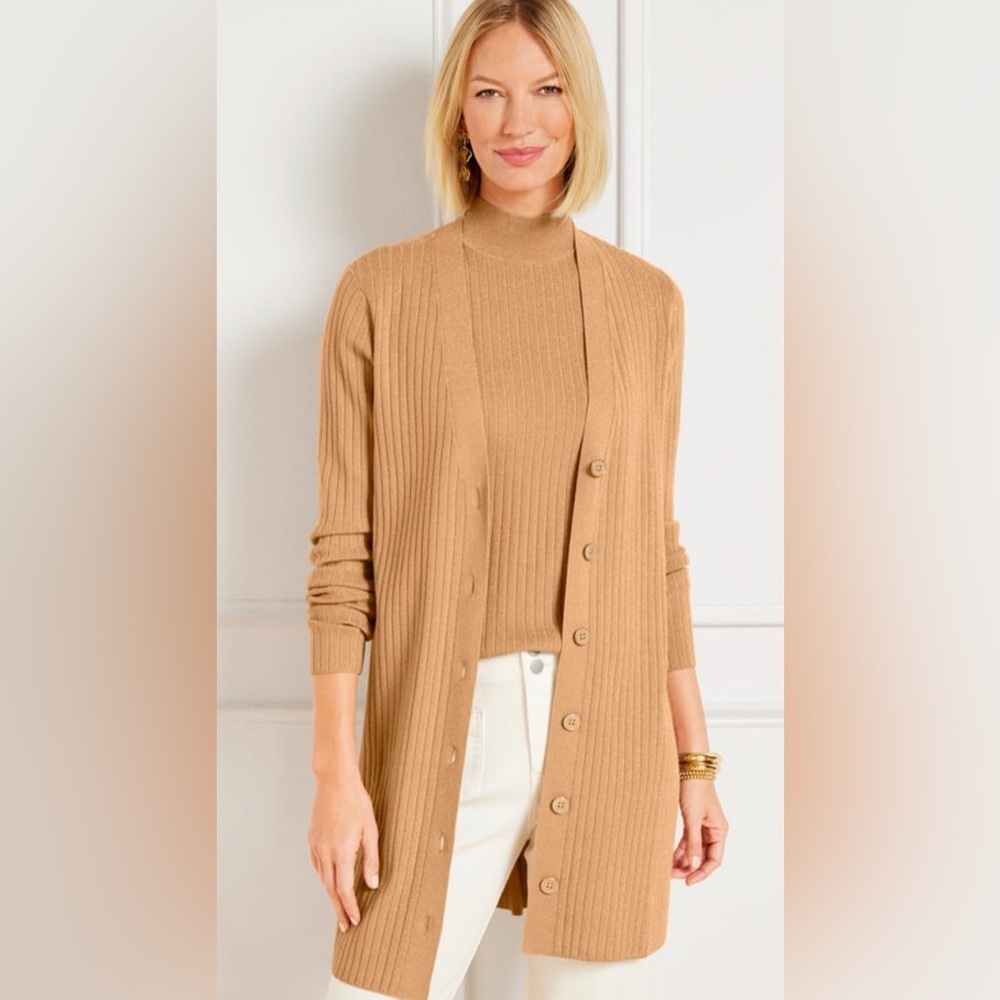 Talbots Metallic Ribbed Long Cardigan | Taupe Shimmer | Size XL